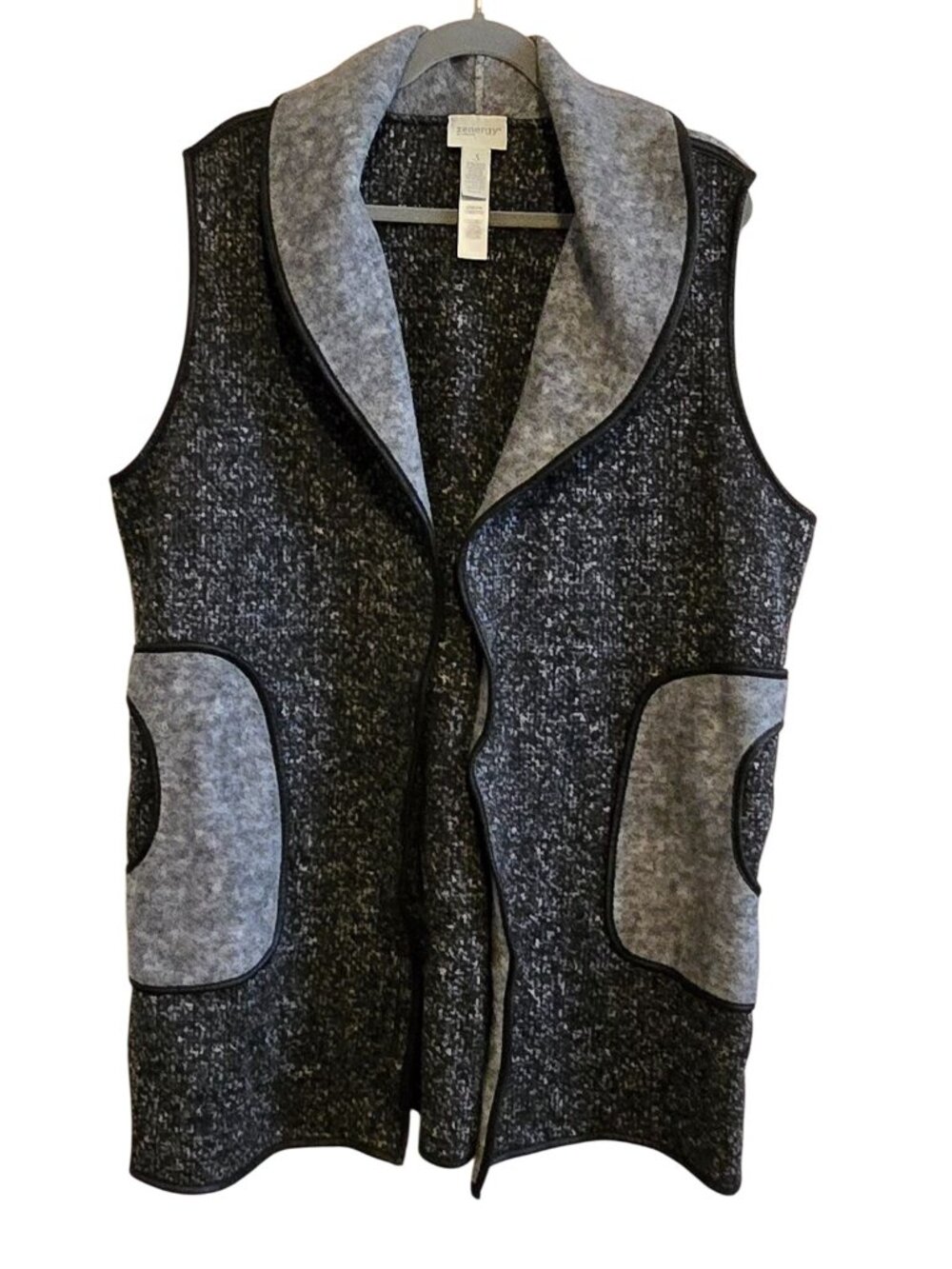 Zenergy By Chicos Womens Sleeveless Open Front Vest Size 3 Gray Black Polyester